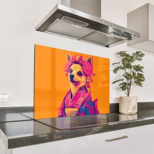 Salpicaderos de cocina - Kimono - Perrito - Corona de flores - Naranja