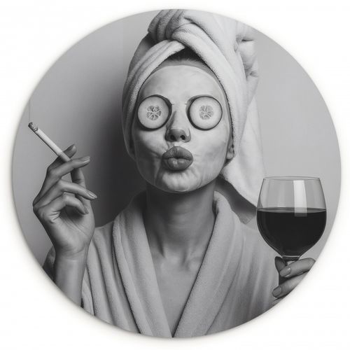Cuadro redondo - Mujer - Máscara - Vino - Cigarrillo