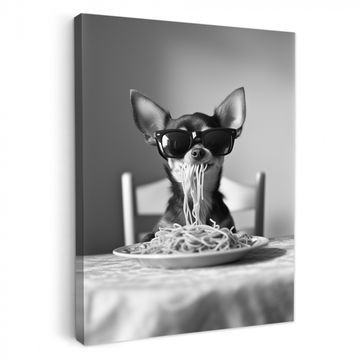 Lienzos decorativos - Chihuahua - Perro - Gafas de sol - Humor - Negro - Blanco - Espagueti