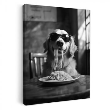 Lienzos decorativos - Golden Retriever - Perro - Alegre - Plato espaguetis - Negro - blanco