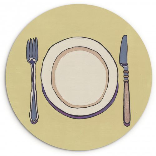 Cuadro redondo - Ilustración - Plato - Cubiertos - Beige