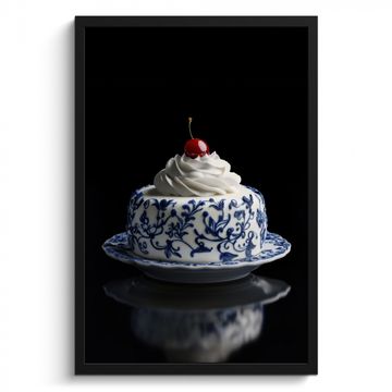Cuadros enmarcados - Tarta - Nata montada - Cereza - Plato - Azul de Delft