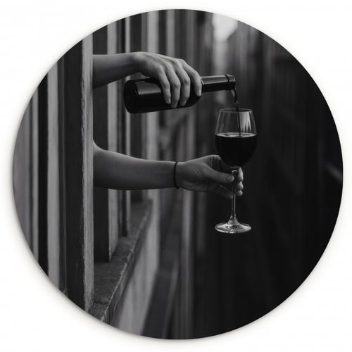 Cuadro redondo - Botella de vino - Vidrio - Manos - Ventana