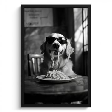 Cuadros enmarcados - Golden Retriever - Perro - Alegre - Plato espaguetis - Negro - blanco