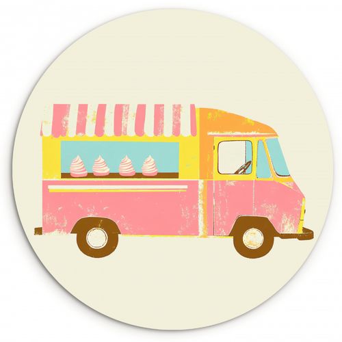 Cuadro redondo - Carrito de helados - Retro - Helados suaves - Rosa