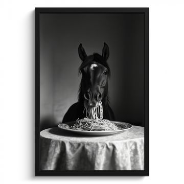 Cuadros enmarcados - Caballo - Plato - Pasta - Mantel - Blanco y negro - Animales