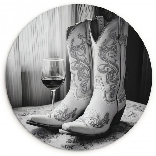 Cuadro redondo - Vino - Botas vaqueras - Luz de ventana - Blanco