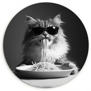 Cuadro redondo - Gato de pelo largo - Gafas de sol - Espagueti - Humor - Negro - blanco