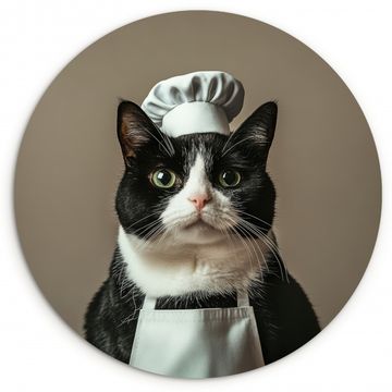 Cuadro redondo - Gato - Ropa de cocinero - Negro - Blanco