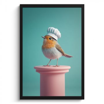 Cuadros enmarcados - Petirrojo - Ave - Gorro de cocinero - Pedestal