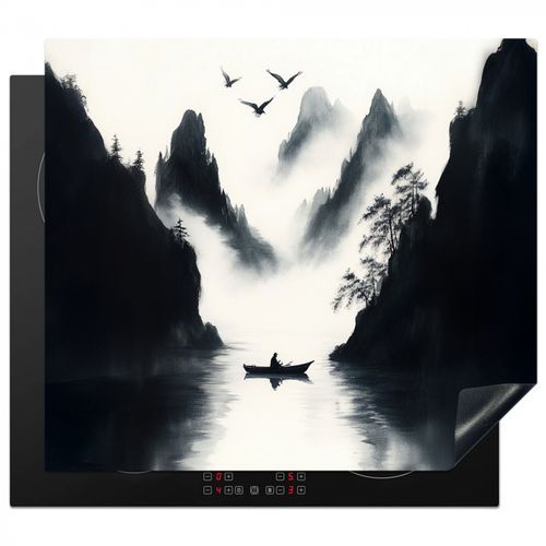 Protector de placa de induccion - Bote de remos - Niebla - Montañas - Pájaros