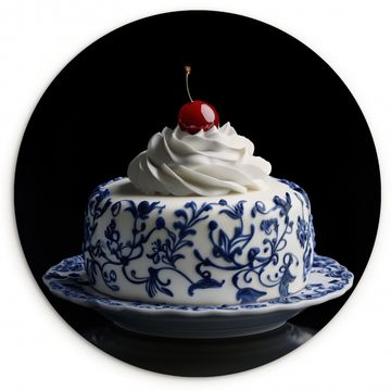 Cuadro redondo - Tarta - Nata montada - Cereza - Plato - Azul de Delft