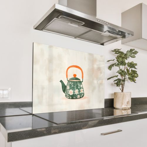 Salpicaderos de cocina - Tetera - Verde - Flores - Naranja