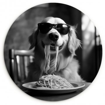 Cuadro redondo - Golden Retriever - Perro - Alegre - Plato espaguetis - Negro - blanco