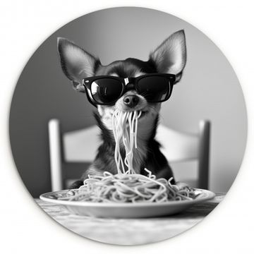 Cuadro redondo - Chihuahua - Perro - Gafas de sol - Humor - Negro - Blanco - Espagueti