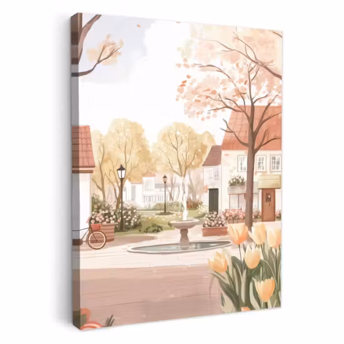 Lienzos decorativos - Plaza del pueblo - Fuente - Tulipanes