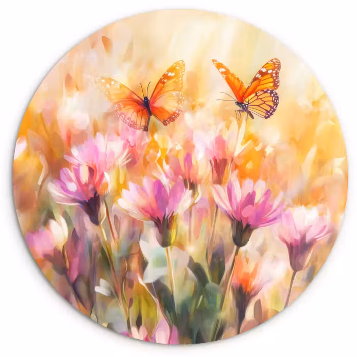 Cuadro redondo - Mariposas - Naranja - Flores