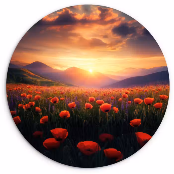 Cuadro redondo - Paisaje - Puesta de sol - Campo de flores
