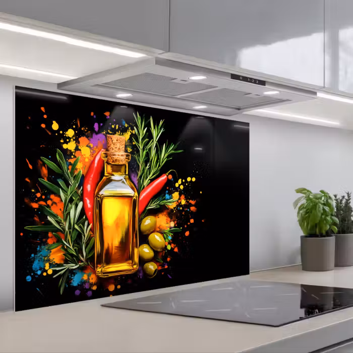 Salpicaderos de cocina - Aceite de oliva - Graffiti - Pimienta - Aceitunas - Moderno