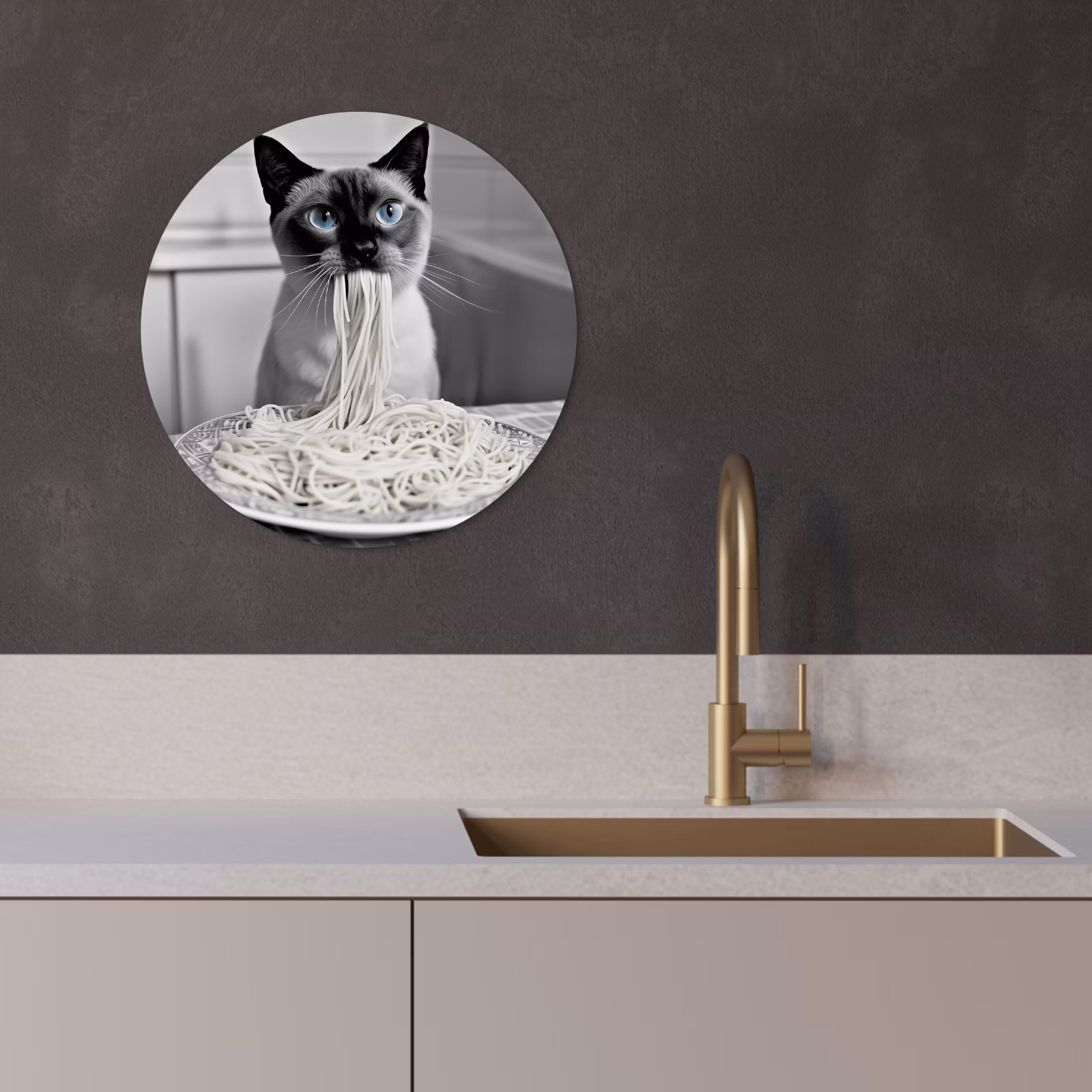 Cuadro redondo - Gato - Siamés - Blanco y negro - Lindo - Animales — 1
