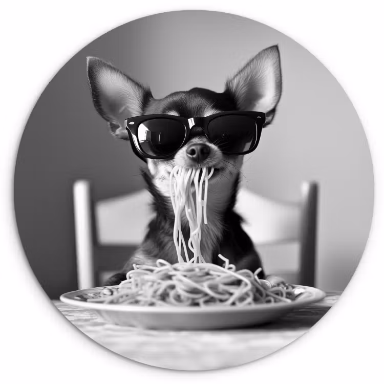 Cuadro redondo - Chihuahua - Perro - Gafas de sol - Humor - Negro - Blanco - Espagueti — 2