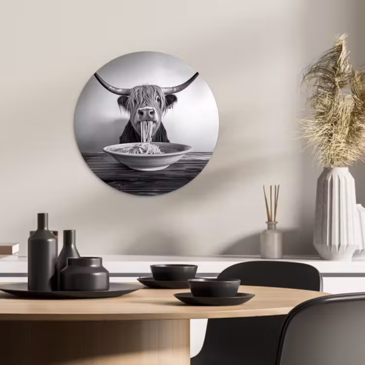 Cuadro redondo - Highlander escocés - Espaguetis - Animales - Blanco y negro — 1