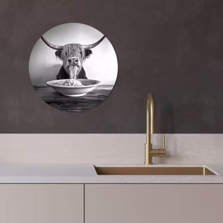 Cuadro redondo - Highlander escocés - Espaguetis - Animales - Blanco y negro — 4