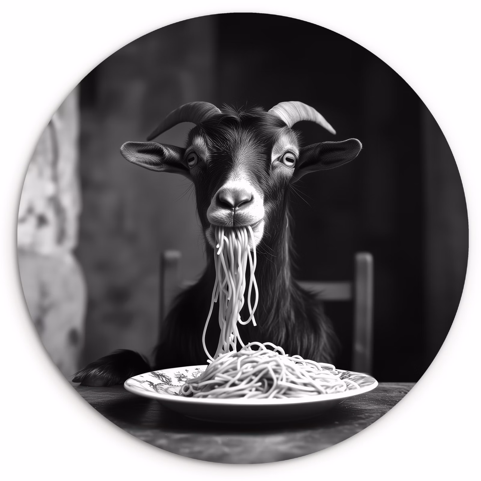 Cuadro redondo - Cabra - Plato - Espaguetis - Blanco y negro — 1