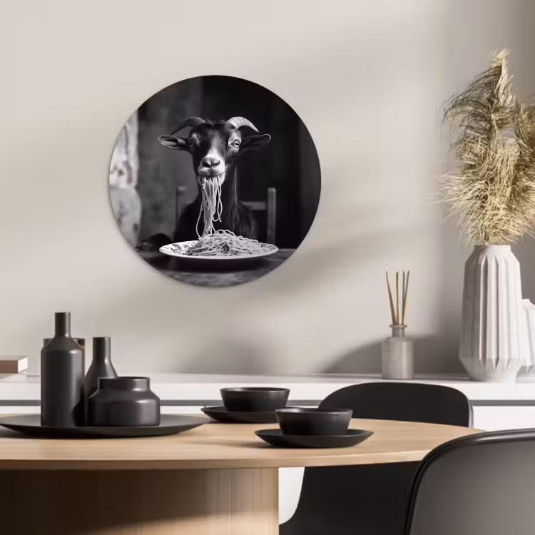 Cuadro redondo - Cabra - Plato - Espaguetis - Blanco y negro — 2