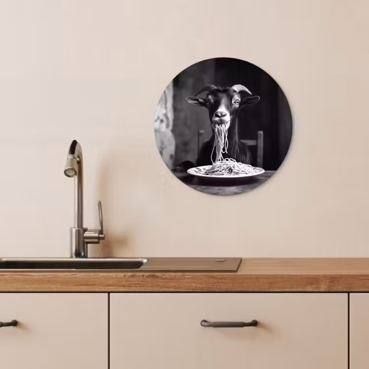 Cuadro redondo - Cabra - Plato - Espaguetis - Blanco y negro — 4