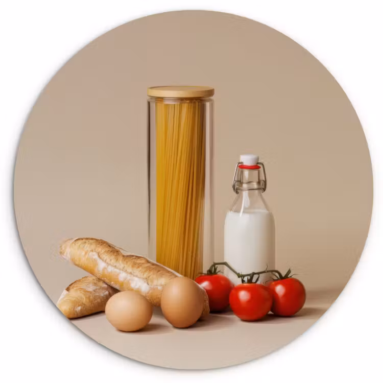 Cuadro redondo - Espaguetis - Leche - Tomates - Huevos - Pan — 1