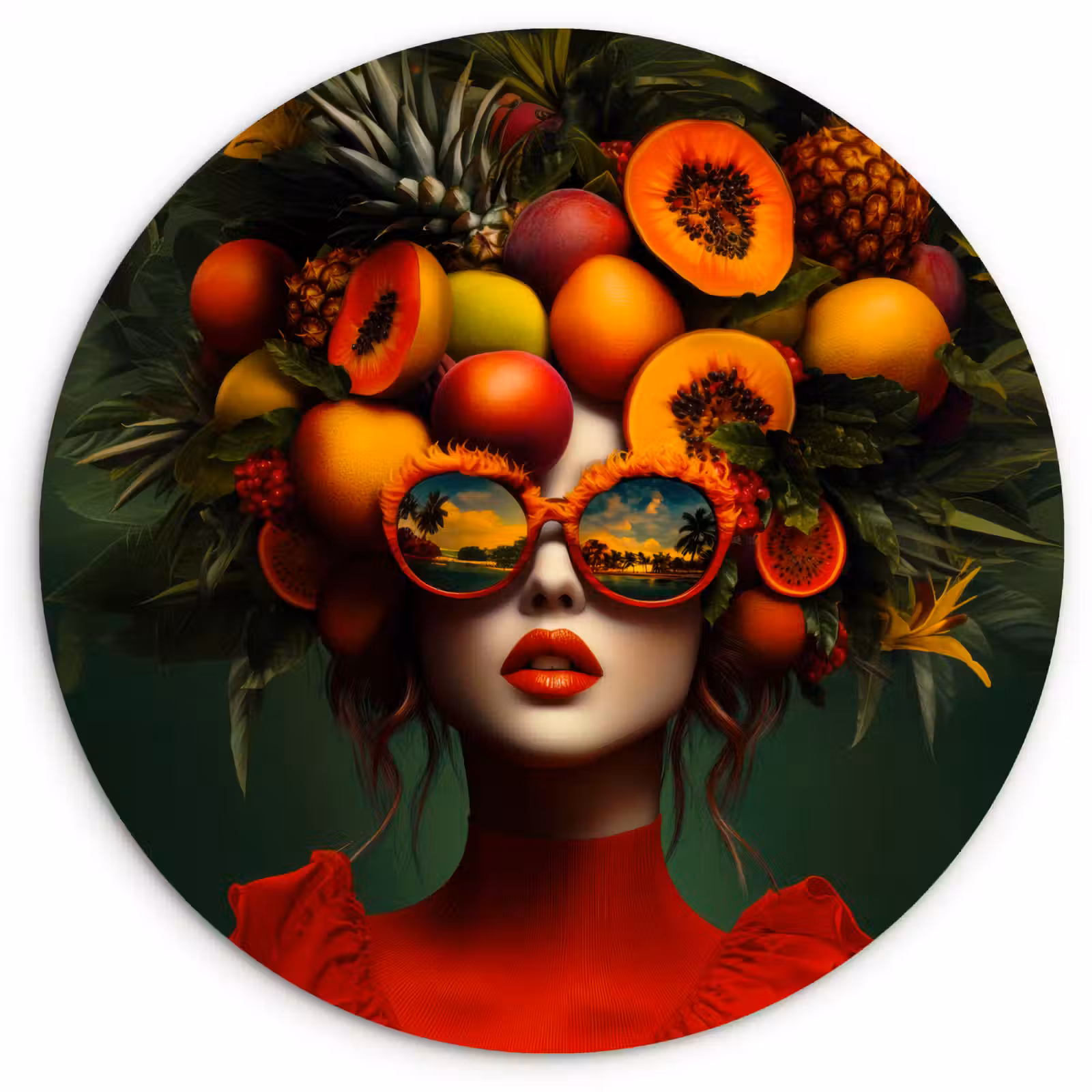 Cuadro redondo - Mujer - Frutas - Papaya - Piña — 1