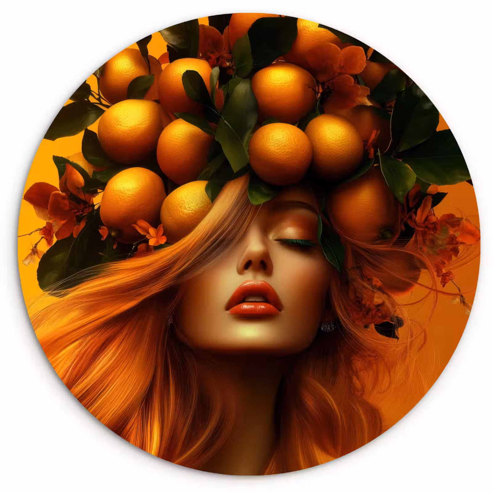Cuadro redondo - Mujer - Limones - Flor - Amarillo — 1