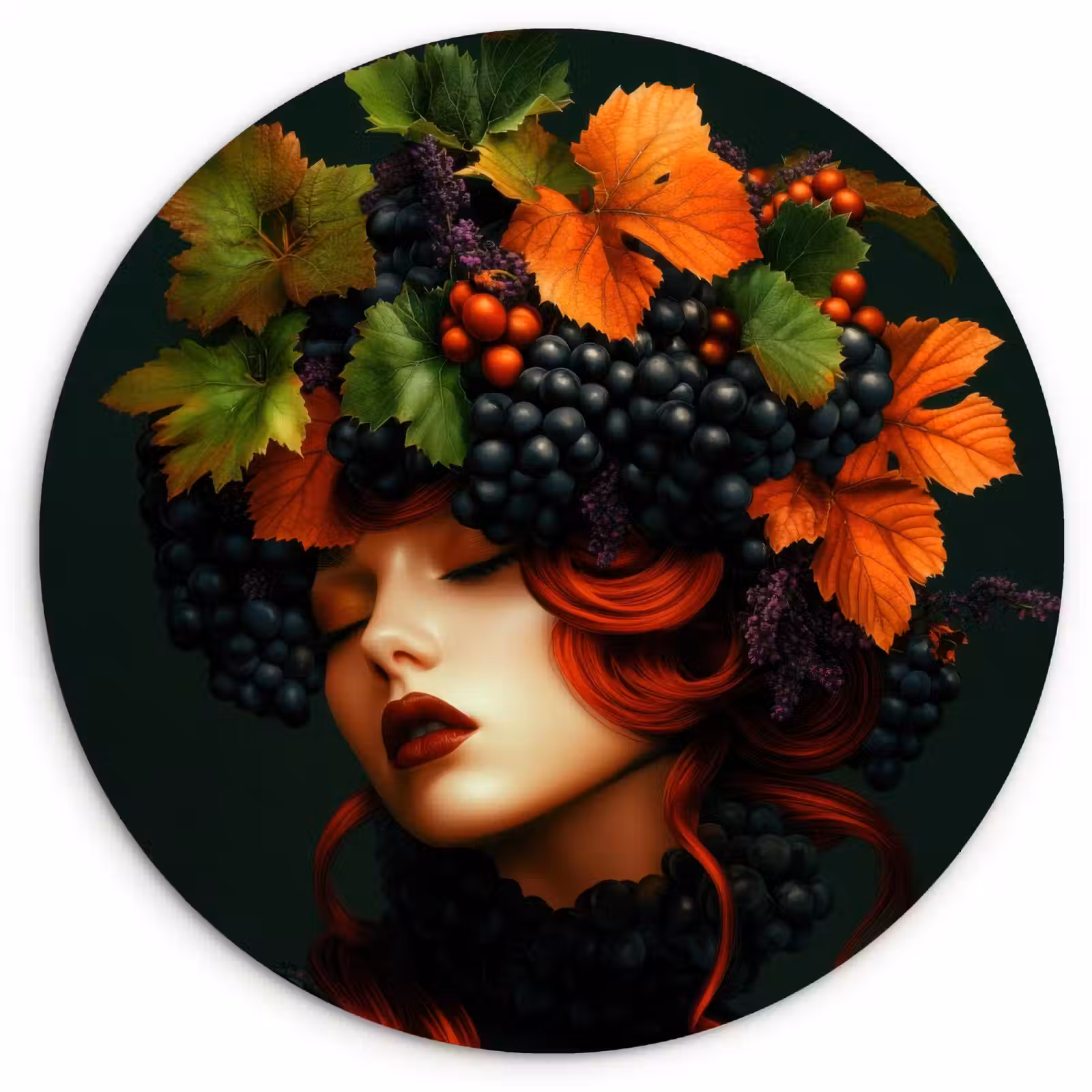 Cuadro redondo - Mujer - Rojo - Verde - Uvas — 1