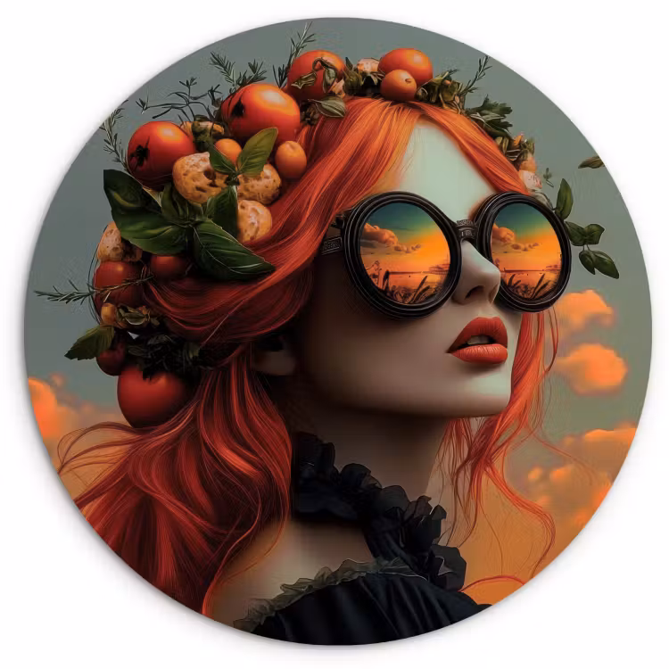 Cuadro redondo - Mujer - Corona - Tomate - Basílico - Gafas de sol — 2