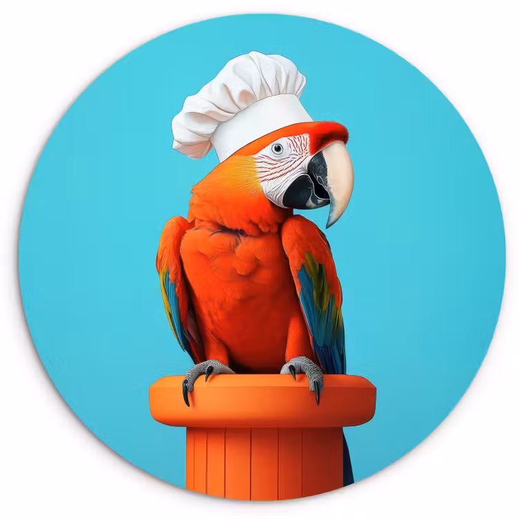 Cuadro redondo - Ara - Gorro de cocinero - Pedestal - Divertido — 1