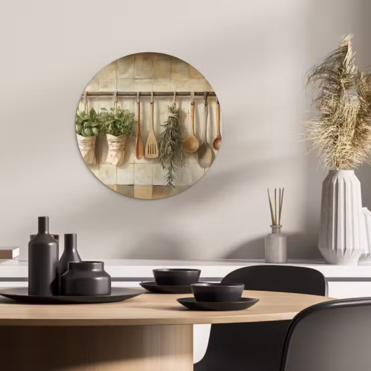 Cuadro redondo - Madera - Utensilios de cocina - Naturaleza muerta - Azulejos — 1