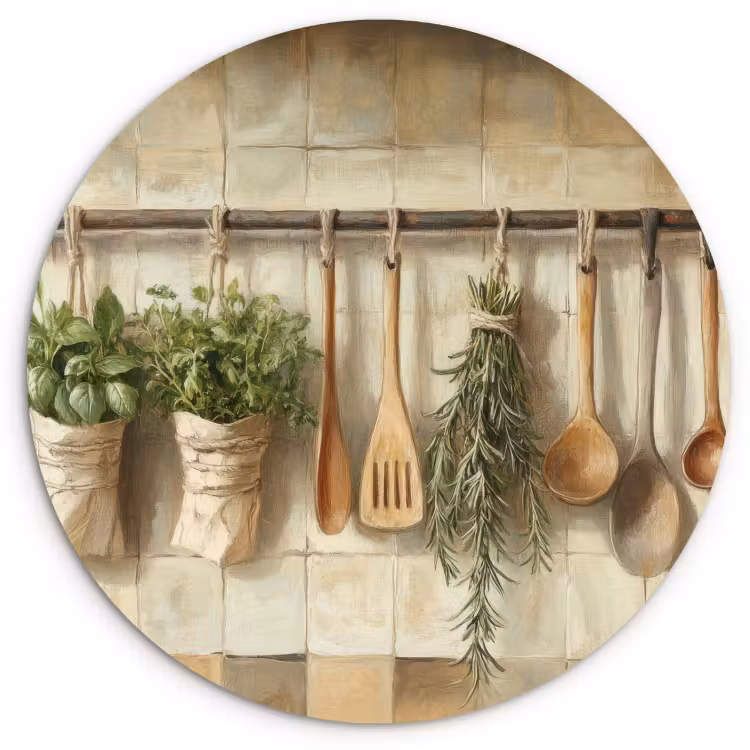 Cuadro redondo - Madera - Utensilios de cocina - Naturaleza muerta - Azulejos — 2