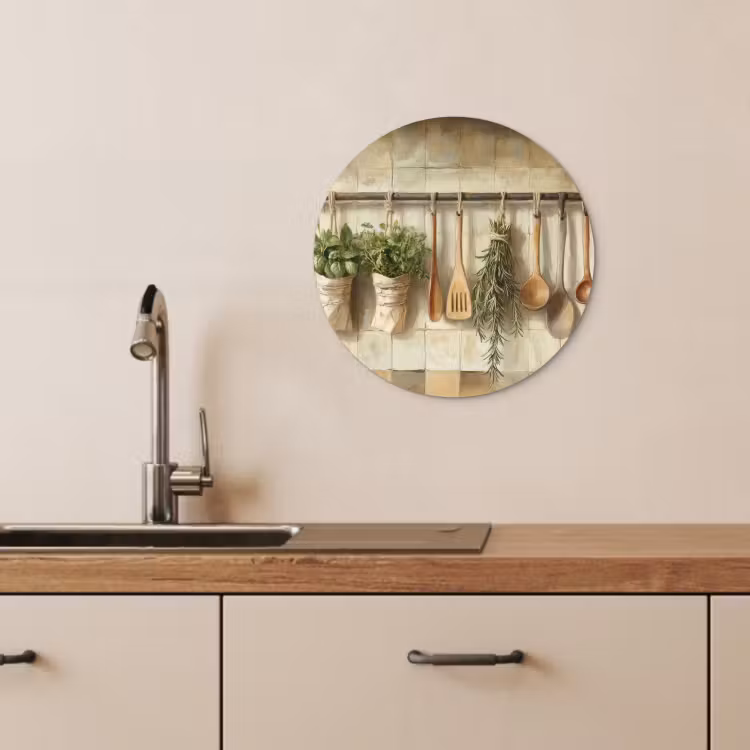 Cuadro redondo - Madera - Utensilios de cocina - Naturaleza muerta - Azulejos — 3