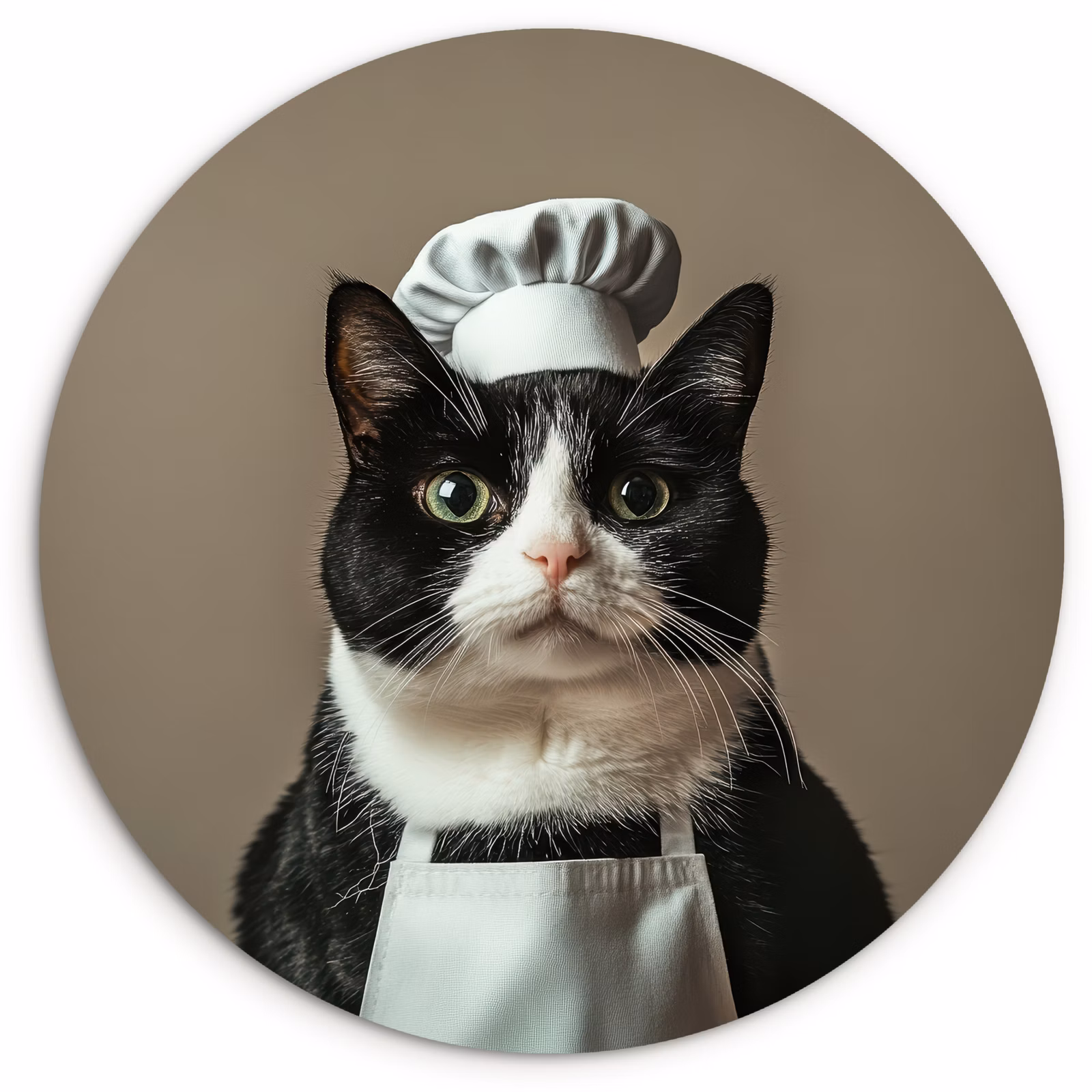 Cuadro redondo - Gato - Ropa de cocinero - Negro - Blanco — 1