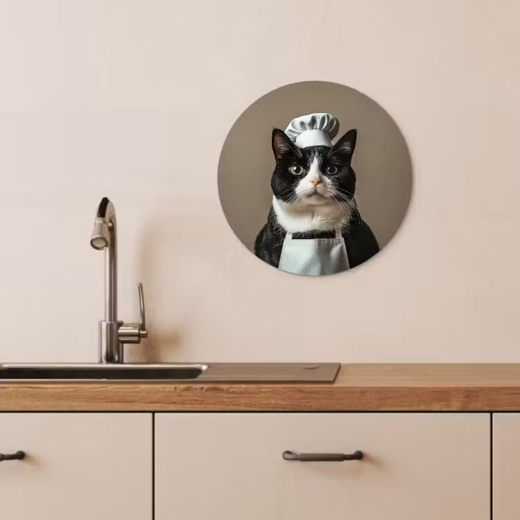 Cuadro redondo - Gato - Ropa de cocinero - Negro - Blanco — 2