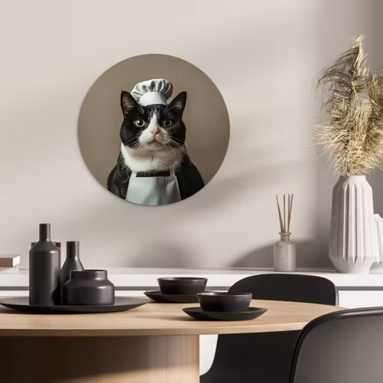 Cuadro redondo - Gato - Ropa de cocinero - Negro - Blanco — 3