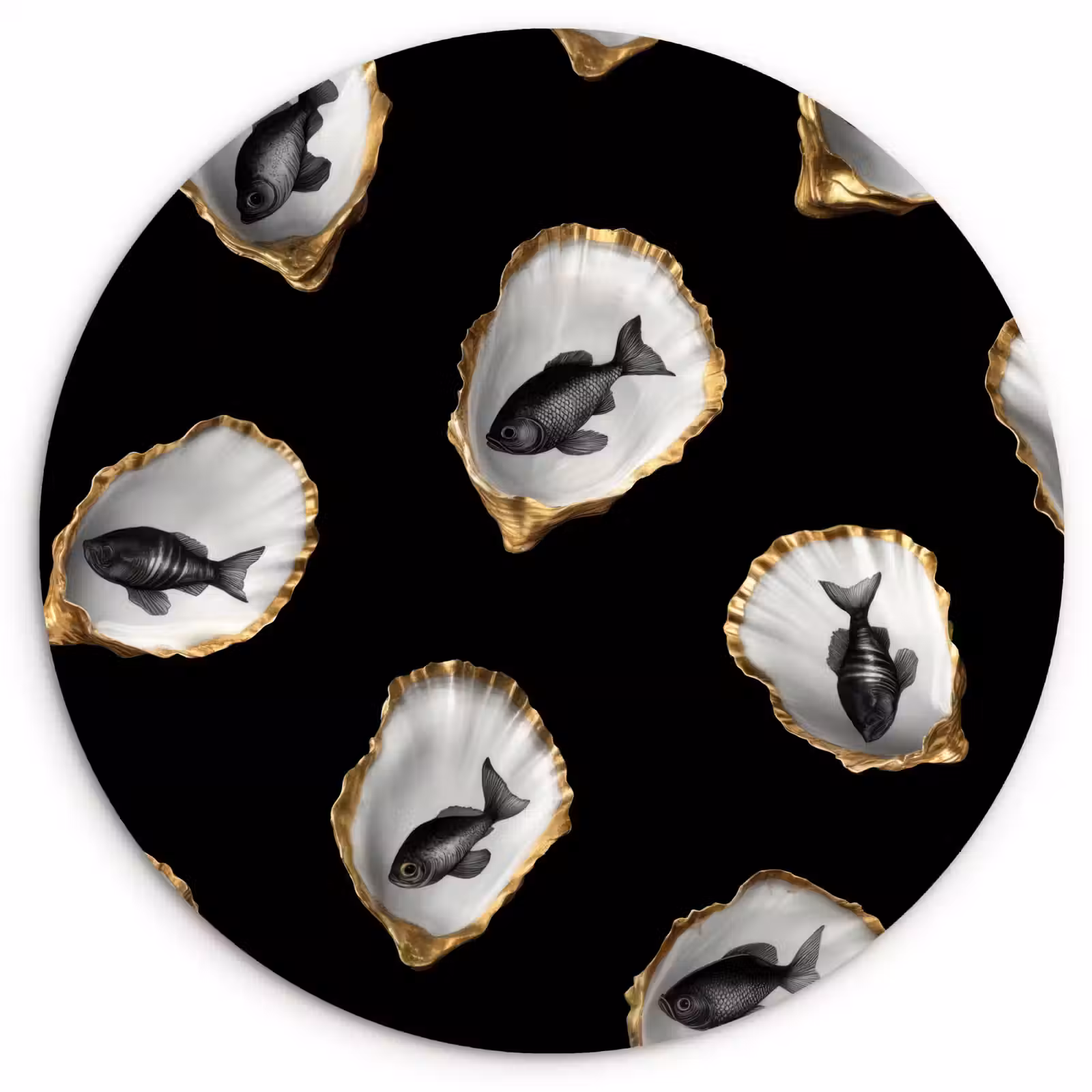 KitchenYeah - Cocina - Círculo mural Forex - Ostras - Negro - Pescado - Oro — 1