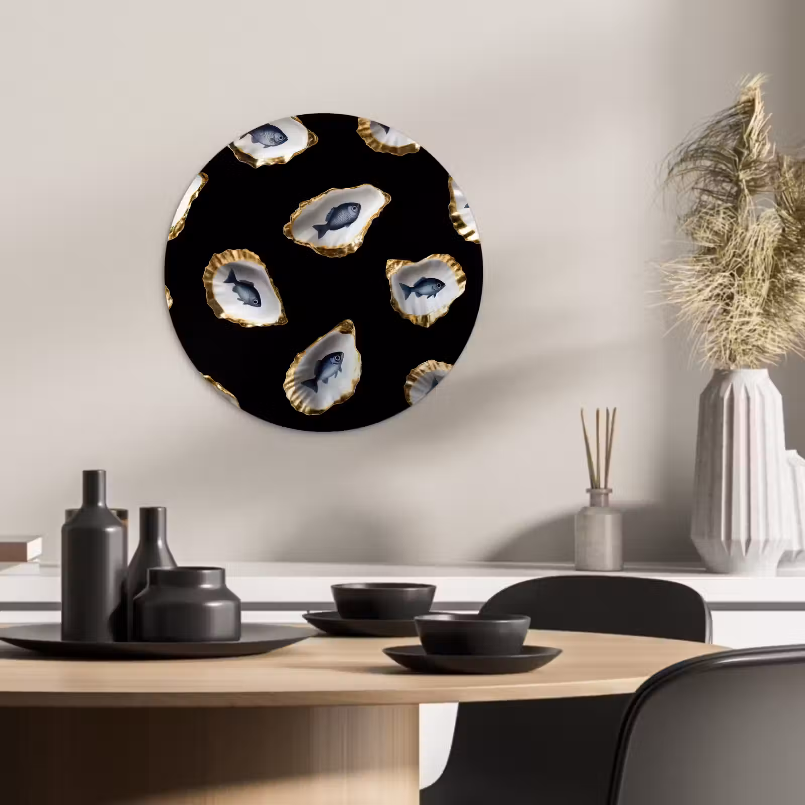 KitchenYeah - Cocina - Círculo mural Forex - Ostras - Pescado - Azul - Oro — 1