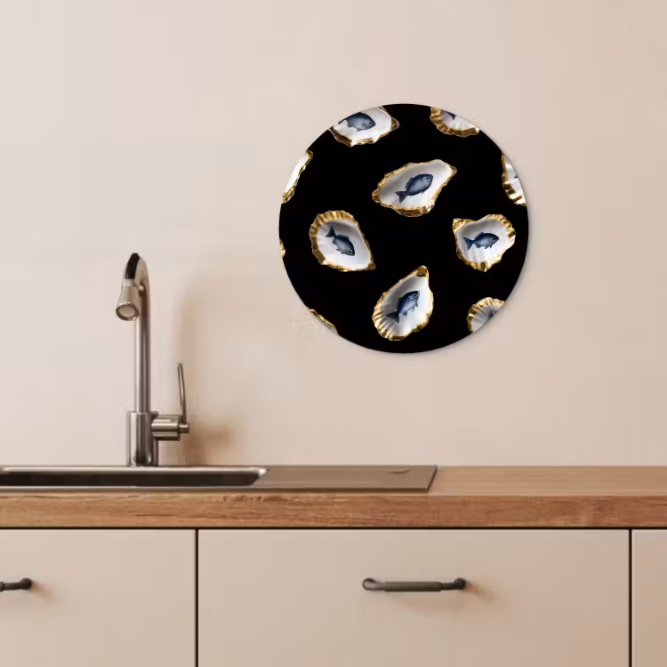 KitchenYeah - Cocina - Círculo mural Forex - Ostras - Pescado - Azul - Oro — 2