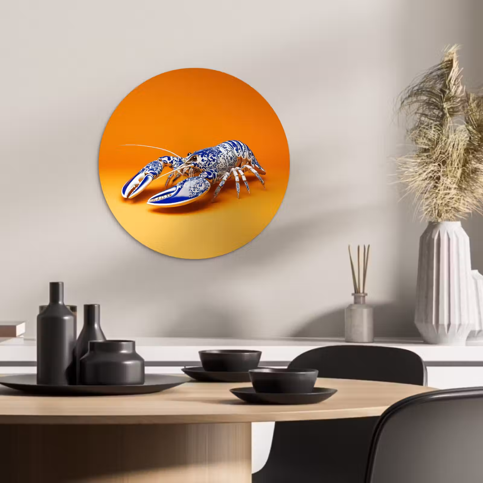 Cuadro redondo - Langosta - Azul de Delft - Escudo - Resistente - Naranja — 1