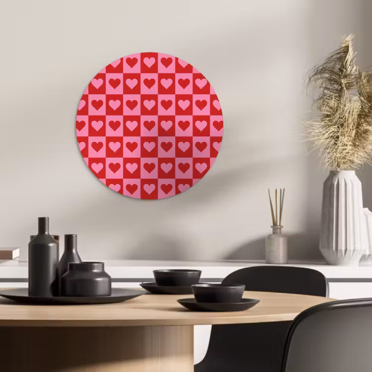 Cuadro redondo - Rojo - Rosa - Tablero de ajedrez - San Valentín — 1