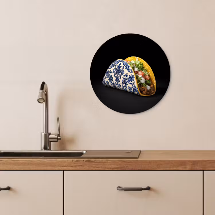 Cuadro redondo - Taco - Carne - Ensalada - Azul de Delft - Motivo — 1
