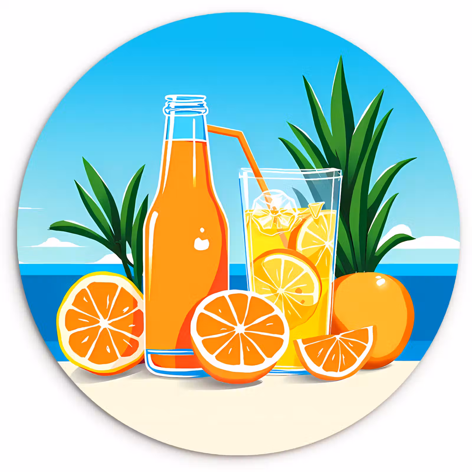 Cuadro redondo - Naranjas - Cubitos de hielo - Mar - Ilustración — 1