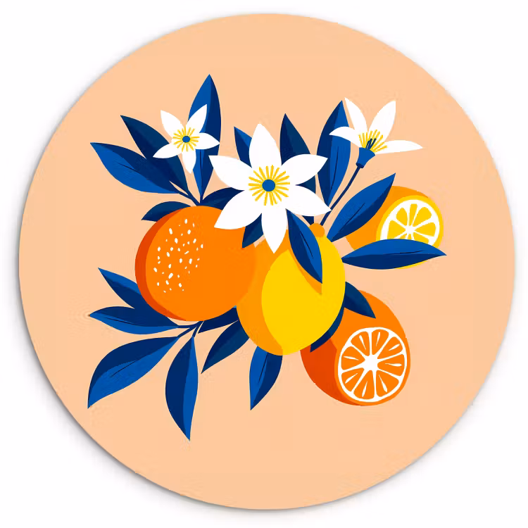 Cuadro redondo - Ilustración - Naranjas - Azul oscuro - Flores — 1